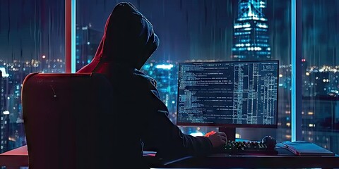 Hacker with computer in dark setting technology security breach hacking cyber internet virus web criminal identity crime on screen attack information monitor data man privacy system thief