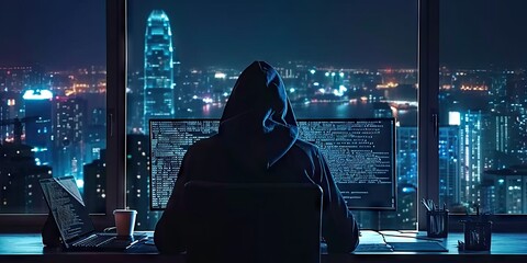 Hacker with computer in dark setting technology security breach hacking cyber internet virus web criminal identity crime on screen attack information monitor data man privacy system thief