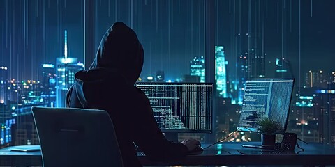 Hacker with computer in dark setting technology security breach hacking cyber internet virus web criminal identity crime on screen attack information monitor data man privacy system thief