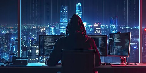 Hacker with computer in dark setting technology security breach hacking cyber internet virus web criminal identity crime on screen attack information monitor data man privacy system thief