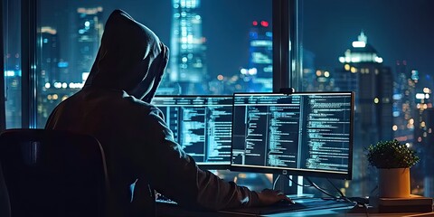 Hacker with computer in dark setting technology security breach hacking cyber internet virus web criminal identity crime on screen attack information monitor data man privacy system thief
