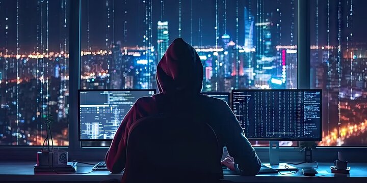 Hacker with computer in dark setting technology security breach hacking cyber internet virus web criminal identity crime on screen attack information monitor data man privacy system thief