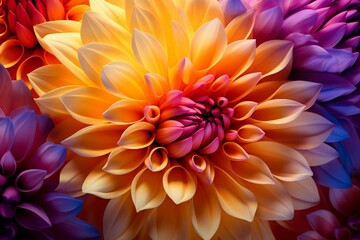 Stunning close-up of a chrysanthemum: a colorful floral background with shades of yellow, red, and purple. Generative AI