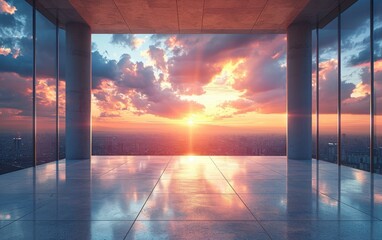 Fototapeta premium Horizontal view of empty cement floor with early morning scene.