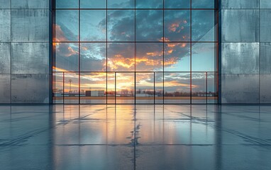 Horizontal view of empty cement floor with steel and glass modern building exterior. Early morning scene.