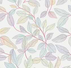 Background with leaves. Colorful illustration. Floral pattern on the white background. Flyer, card design. Nature, vintage backdrop. Decoration wallpaper.  Natural template.