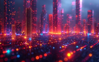 Obraz premium Smart city and abstract line and dot connect with gradient line design, big data connection technology concept. 