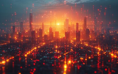 Obraz premium Smart city and abstract line and dot connect with gradient line design, big data connection technology concept. 