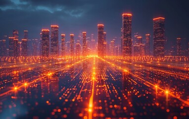 Obraz premium Smart city and abstract line and dot connect with gradient line design, big data connection technology concept. 