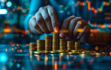 Investment and finance concept, businessman holding virtual trading graph and blurred coins on hand, stock market, profits and business growth. - obrazy, fototapety, plakaty