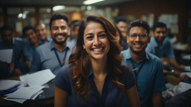 Proud confident Indian female - office - business - with peers - smiling  and happy - team leader 