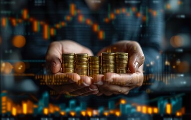 Obraz premium Investment and finance concept, businessman holding virtual trading graph and blurred coins on hand, stock market, profits and business growth.