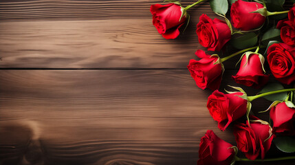 Naklejka na ściany i meble Wood Plank Background Wallpaper, Red Rose, Copy Space, Web Banner, Valentine's Day, Red roses flower on red background. Copy space, Top view, Generative Ai