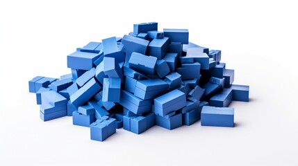 a pile of blue building bricks on a white background.