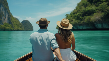 A tourist couple on a tour boat in a tropical destination - obrazy, fototapety, plakaty