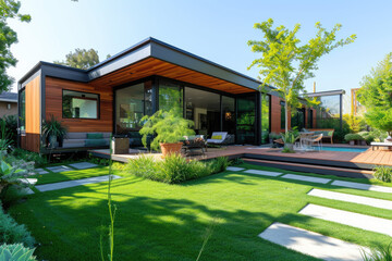 Fototapeta na wymiar a modern container house with grass lawn and garden