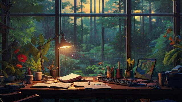 Lofi empty interior. Messy desk, window view of a forest, jungle. Colorful study lo-fi desk. Cozy chill vibe. Hip-hop atmoshperic lighs.. Lofi desk window. Rain effect.