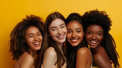 Fototapeta premium Elevate diversity: Smiling girls, varied skin tones. Beauty in every hue. Embrace unity, make the world beautiful