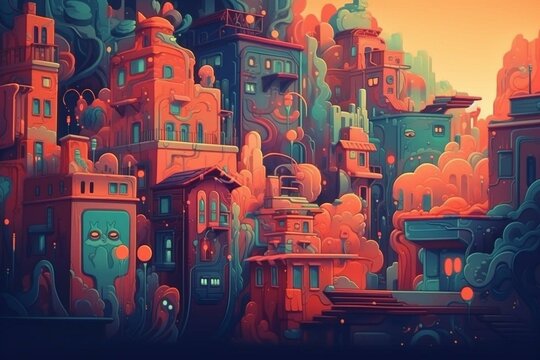 bright colorful wall with futuristic city monsters. Generative AI