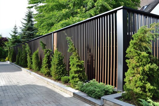 Modern metal fence for fencing the yard area and gardens
