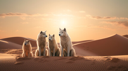 A pack of majestic white wolves gaze into the distance on a serene desert dune under the warm light...