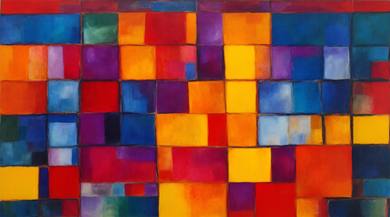 Painting features a group of colorful squares arranged in a random pattern