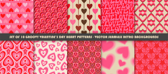 Collection of 10 1970s Groovy Hearts Seamless Patterns in Pink, Red Colors. Trendy Vector Valentine's Day endless Illustrations. Seventies Style, Groovy Love Backgrounds. Hippie Aesthetic