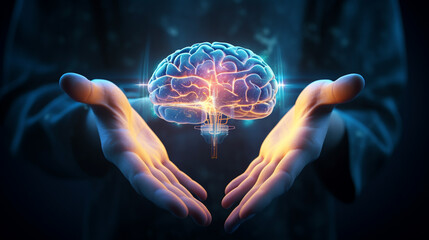 Brain Hologram Projection light ideas on hands new thinking futuristic