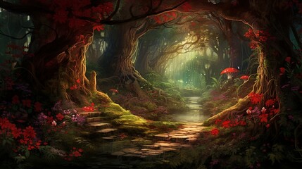 a vibrant red and lush green colors blend together, creating a dreamlike and fantastical background reminiscent of an enchanted forest, evoking a sense of magic and wonder.