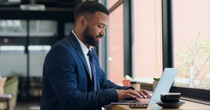 Professional man, laptop and coffee shop for remote work, typing business proposal or online report by window. Freelancer on computer at cafe or restaurant for internet, email or planning on software