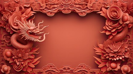 Lunar new year, year of the dragon banner template design with flower, asian elements paper cut style on color background. Luxury style. 