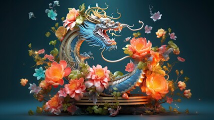 Lunar New Year. Dragon year decoration background, made of colorful transparent resin. sparkling decorated with flowers and sparkles of light that shine in the dark of night. Blue Dragon.