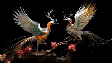 pair of birds engaging in a courtship dance, their intricate movements and vibrant displays highlighting the rituals of attraction and bonding in the avian world, 