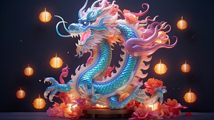 Obraz premium Lunar New Year. Dragon year decoration background, made of colorful transparent resin. sparkling decorated with flowers and sparkles of light that shine in the dark of night. Blue Dragon.