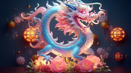 Obraz premium Lunar New Year. Dragon year decoration background, made of colorful transparent resin. sparkling decorated with flowers and sparkles of light that shine in the dark of night. Blue Dragon.