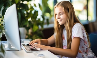 Radiant teen girl using a computer in a library setting