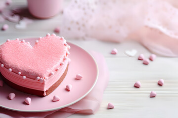 Pink heart shaped cake for Valentine's Day on a light background