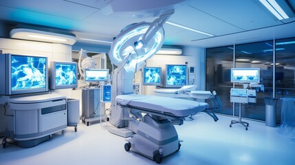 Landscape of a neurosurgery suite featuring advanced imaging and monitoring devices.
