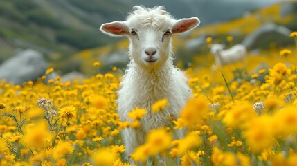 Naklejka premium Curious young goat standing among vibrant yellow flowers in a lush meadow. peaceful animal in nature scene. serenity captured. AI