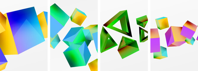 Flying 3d shapes, cubes and other geometric elements background design for wallpaper, business card, cover, poster, banner, brochure, header, website