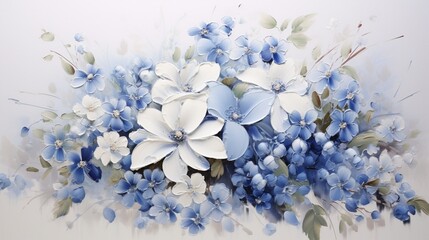 white and blue flowers come together in a stunning tableau on a spotless white canvas.