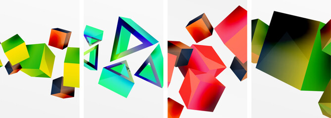 Flying 3d shapes, cubes and other geometric elements background design for wallpaper, business card, cover, poster, banner, brochure, header, website