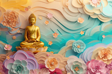 glowing golden Buddha with colorful paper cut clouds, nature background