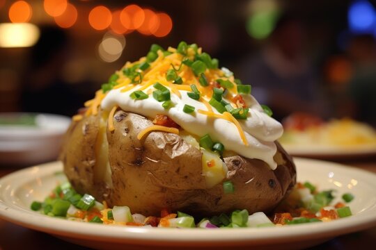 Close-up of a loaded baked potato with sour cream and chives.