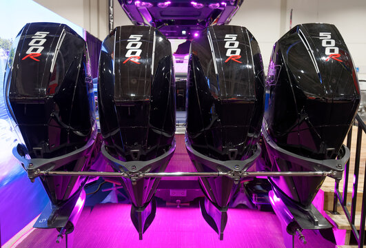 TORONTO-JANUARY 19, 2024: Four black Mercury 500 Racing outboard engines on display at the Toronto International Boat Show, the largest indoor show held in North America.