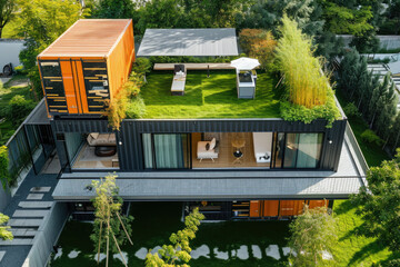 high view of a modern container house with grass lawn