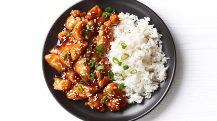 Chicken teriyaki with rice beautifully presented on a stylish black plate, isolated against a pristine white background, capturing the essence of exquisite Asian cuisine