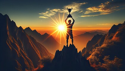 Man holding trophy at top of mountain, with sun ray striking