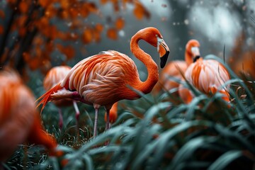 Wildlife photography A group of flamingos in their natural habitat. - obrazy, fototapety, plakaty