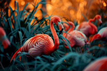 Wildlife photography A group of flamingos in their natural habitat. - obrazy, fototapety, plakaty